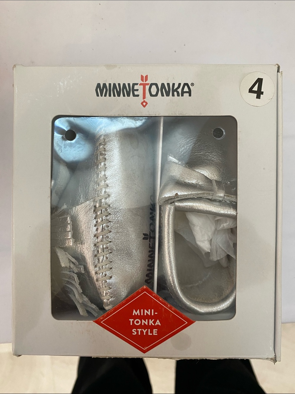 Minnetonka Silver Metallic Baby Moccasins